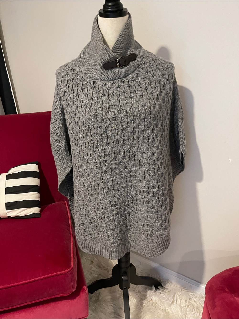 Massimo Dutti cashmere Gray Cable-Knit Turtleneck Poncho Sweater